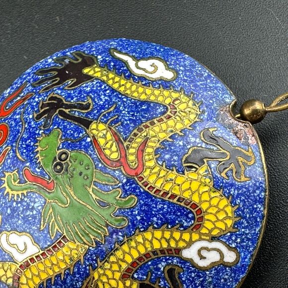 Vintage Round Puffy Double Sided Chinese Dragon Cloisonne Pendant 1.75" Blue - Picture 9 of 13